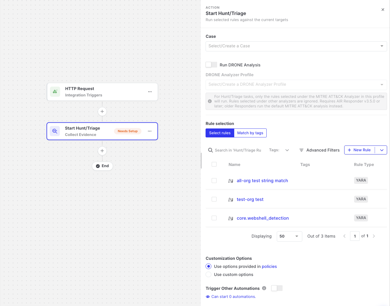 Start Hunt/Triage: Action settings